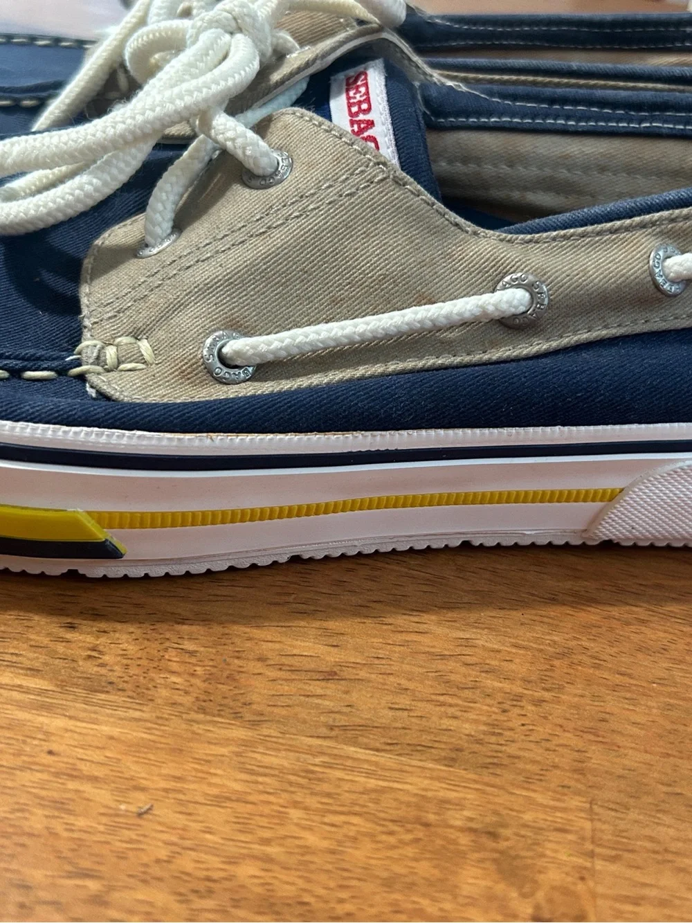 Sebago Navy and Tan Canvas Lace-Up Boat Shoes